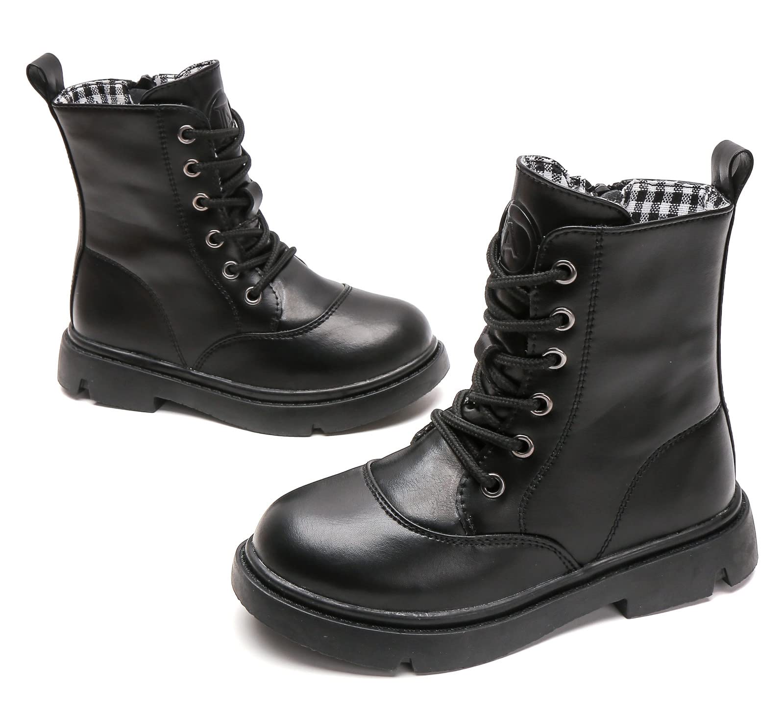 kkdom Boys Girls Waterproof Lace Up Side Zipper Mid Calf Combat Boots(Toddler/Little Kid/Big Kid) Black US Size 2 M Little Kid