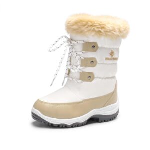 DREAM PAIRS Boys Girls Slip Resistant Faux Fur Lined Knee High Winter Snow Boots,Size 2 Little Kid,BEIGE/WHITE,NORDIC