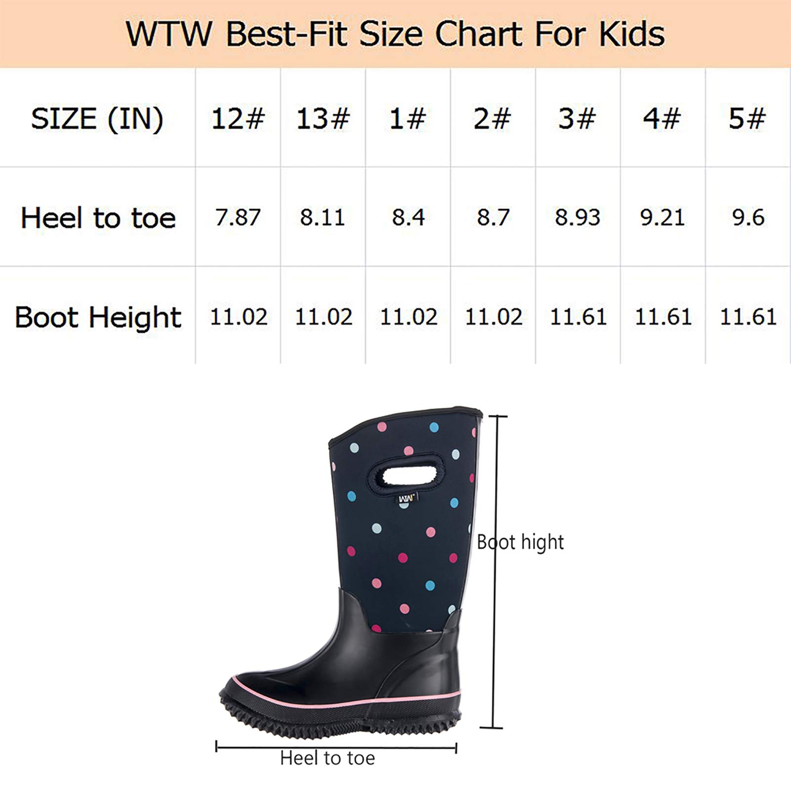 WTW Kids Rubber Rain Boots - Neoprene Insulated 100% Waterproof Mid Calf Mud Boots for Boys and Girls Winter Snow Boots