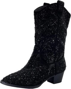 forever girls/kids rhinestone western cowgirl cowboy pointed toe low heel boots river-11k black 2