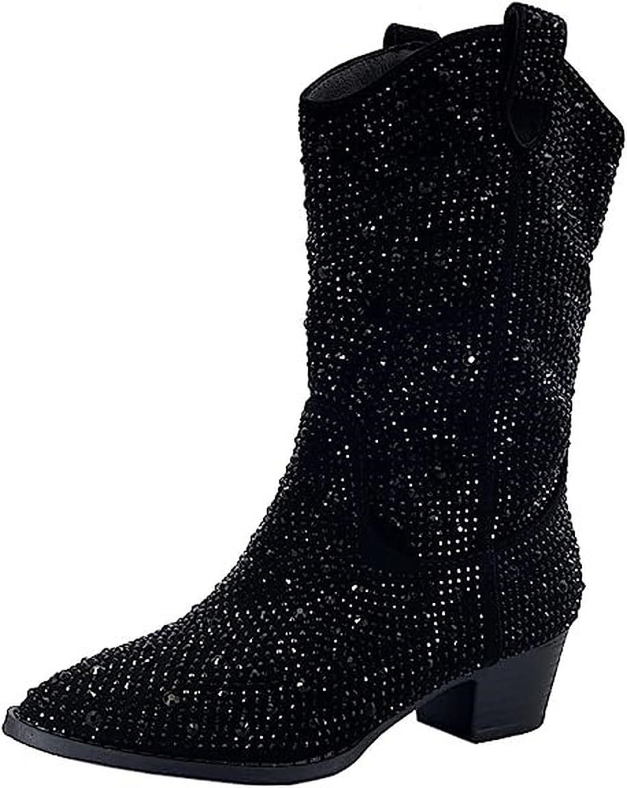 Forever Girls/Kids Rhinestone Western Cowgirl Cowboy Pointed Toe Low Heel Boots River-11K Black 2