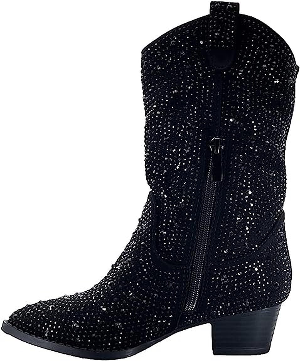 Forever Girls/Kids Rhinestone Western Cowgirl Cowboy Pointed Toe Low Heel Boots River-11K Black 2