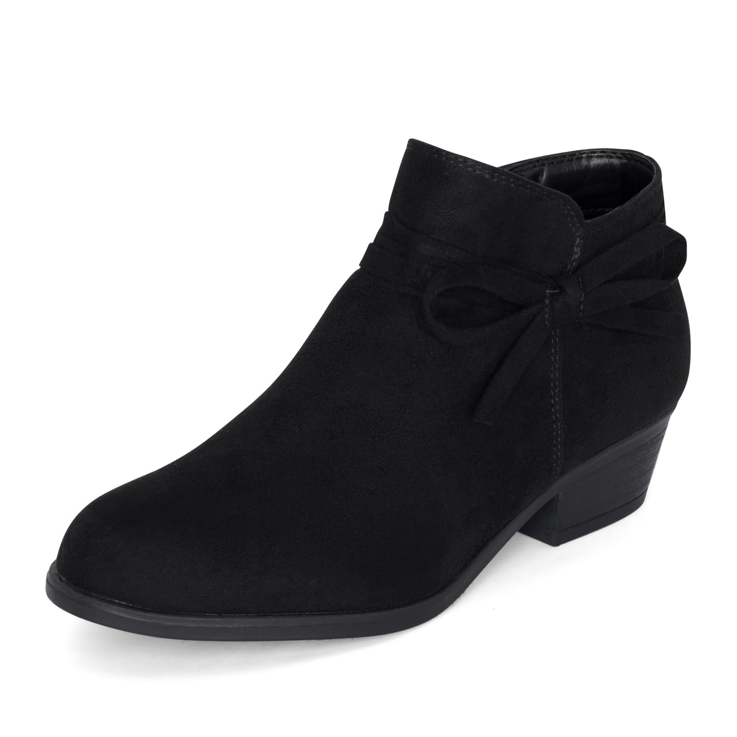 STYLISH S MIRLO-K ~ Little Girls Low Stacked Heel Almond Toe Ankle Boots With Side Zipper And Bow Tie (Blk Suede, 2)