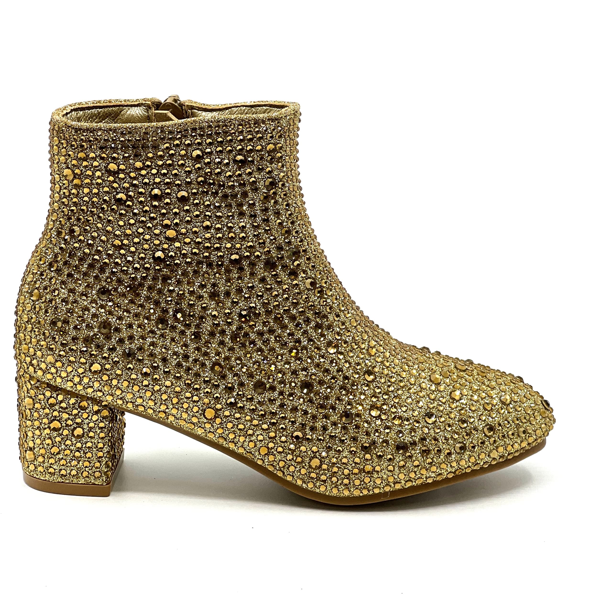 Forever Girls Rhinestone Boots Kids Low Heel Dress Booties Iceberg-12K Shoes Gold Rhinestone 2