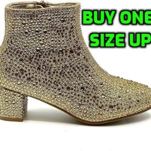 Forever Girls Rhinestone Boots Kids Low Heel Dress Booties Iceberg-12K Shoes Gold Rhinestone 2