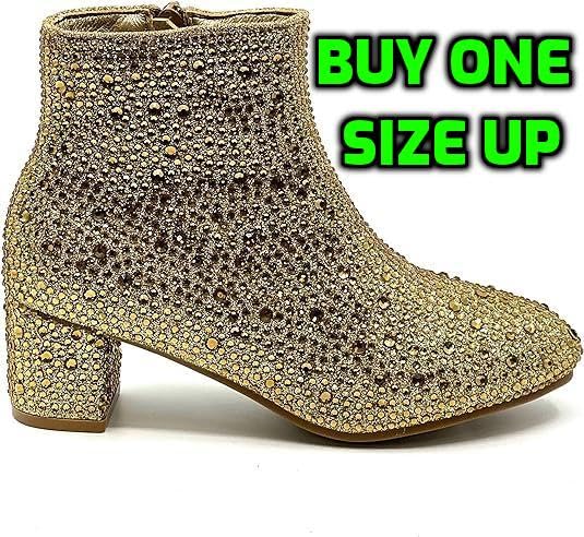 Forever Girls Rhinestone Boots Kids Low Heel Dress Booties Iceberg-12K Shoes Gold Rhinestone 2