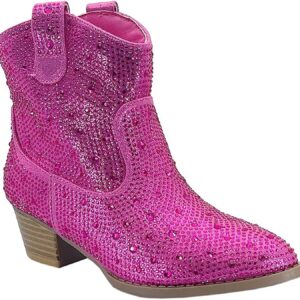 Forever Girls Rhinestone Cowboy Boots Kids Low Heel Dress Booties River-01K Fuchsia 2