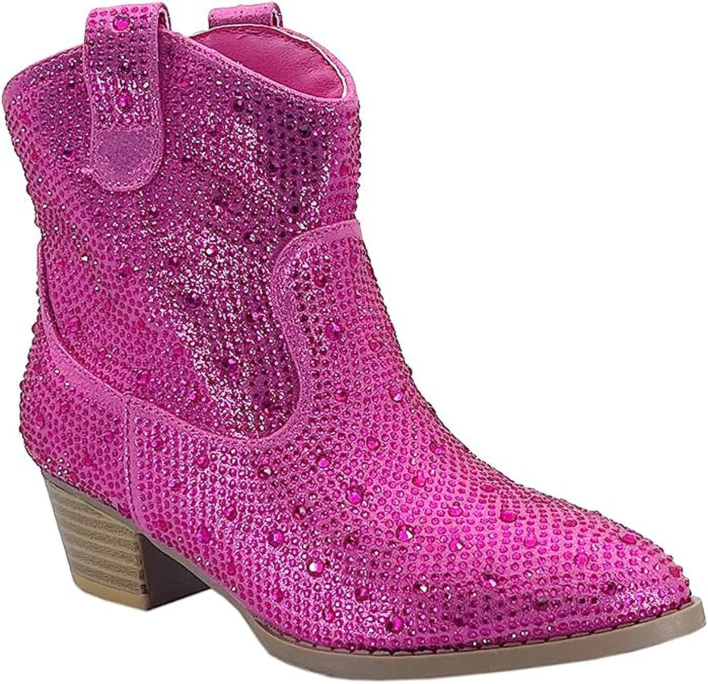 Forever Girls Rhinestone Cowboy Boots Kids Low Heel Dress Booties River-01K Fuchsia 2