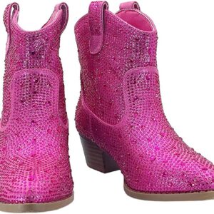 Forever Girls Rhinestone Cowboy Boots Kids Low Heel Dress Booties River-01K Fuchsia 2