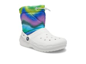 crocs classic lined neo puff fuzzy winter boots snow, white/multi spray dye, 2 us unisex little kid