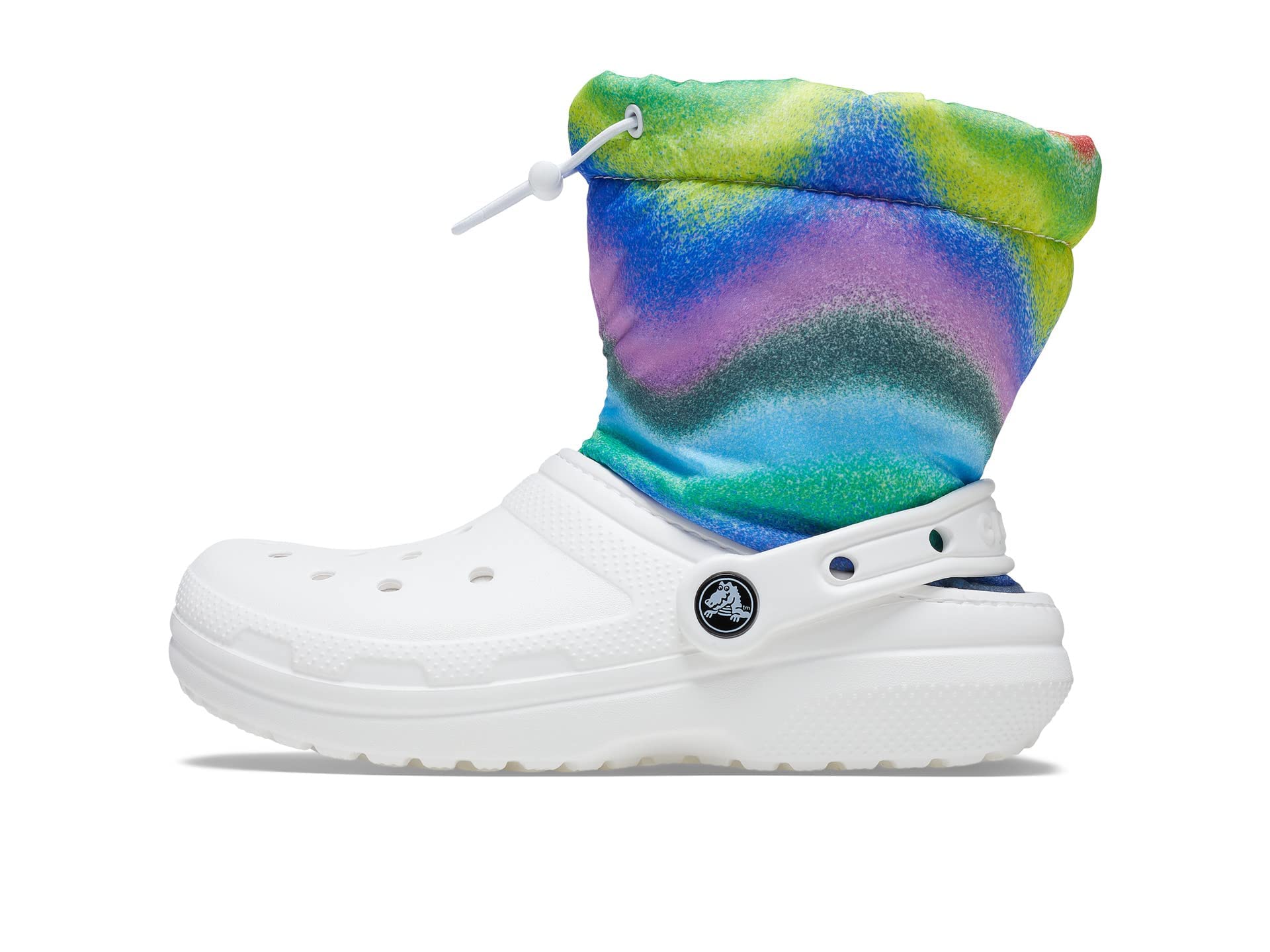 Crocs Classic Lined Neo Puff Fuzzy Winter Boots Snow, White/Multi Spray Dye, 2 US Unisex Little Kid