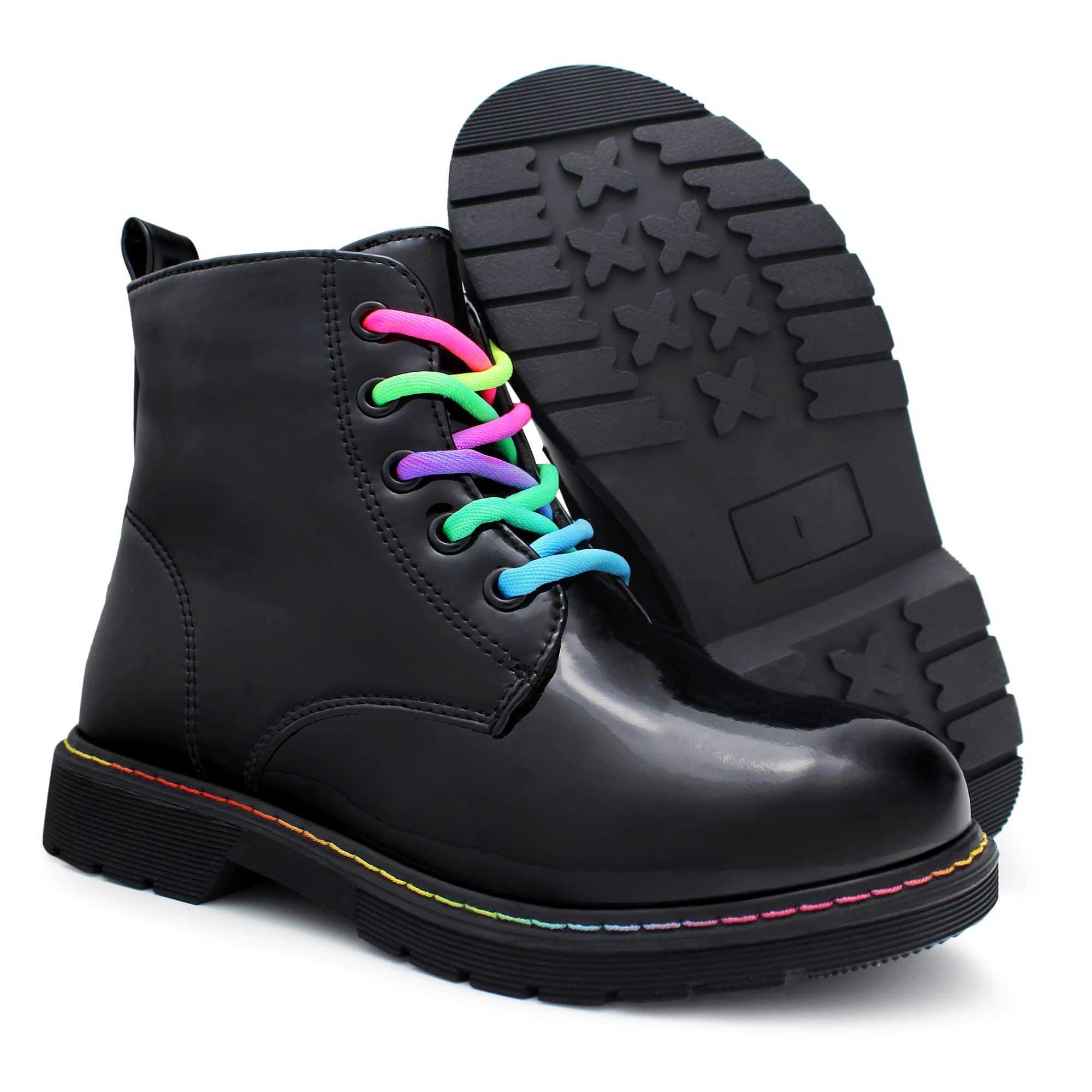 Hawkwell Girls Boys Combat Work Boots Side Zipper Ankle Boots with Rainbow Lace Up,Black Patent PU,2 M US Little Kid