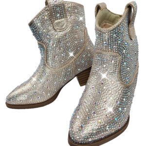 TruFox Kids Girls Rhinestone Western Cowboy Boots Low Heel Pull On, Champagne, 2