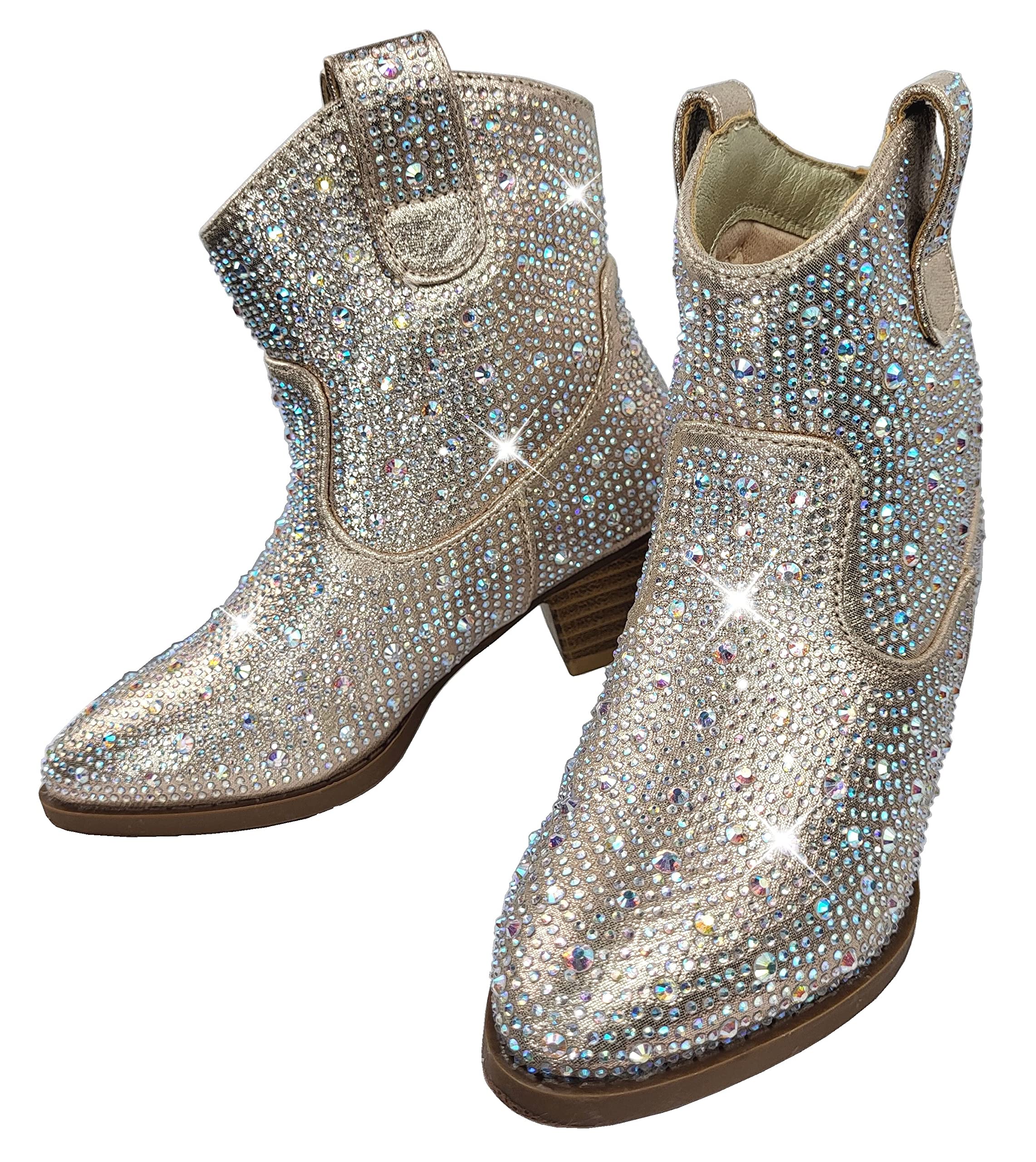 TruFox Kids Girls Rhinestone Western Cowboy Boots Low Heel Pull On, Champagne, 2