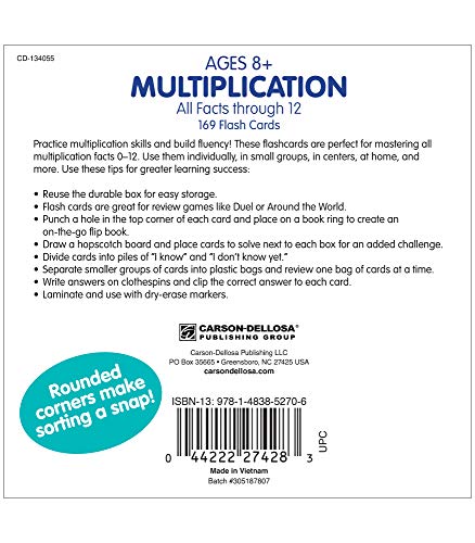 Carson Dellosa Multiplication Flash Cards for Kids Ages 8+, Times Table Flash Cards for Grade 3, Grade 4 and Grade 5, Multiplication Flash Cards with Answers