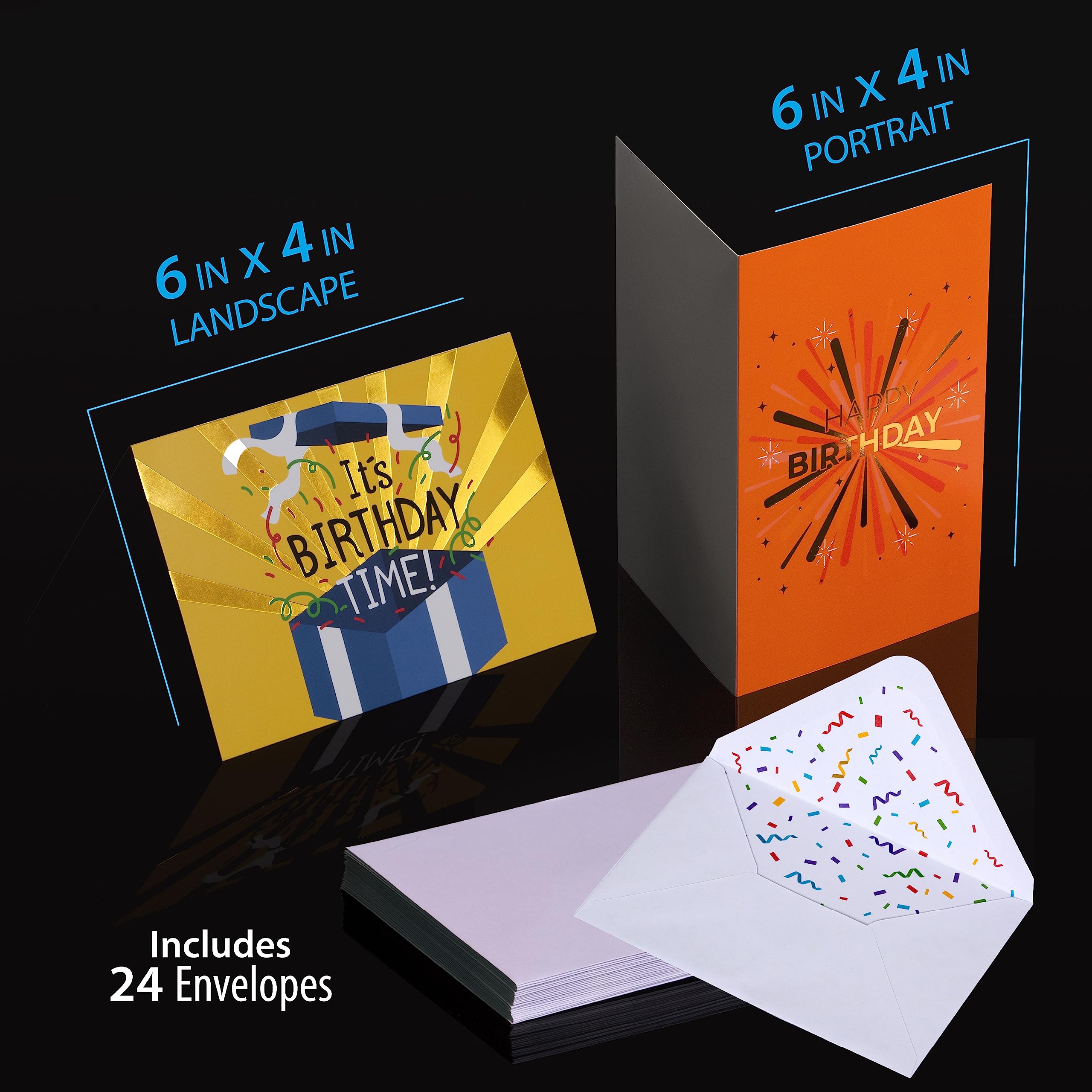 24 Pack Unique Gold Foil Birthday Cards with Envelopes & Stickers | 4x6 Inches Blank Happy Birthday Cards Assortment in Bulk for Family, Kids, Friends, Work & Office Celebrations.