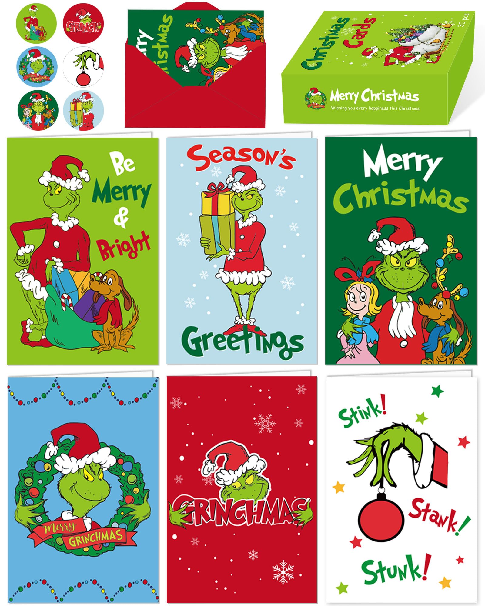 RINOLY Set of 30 Christmas Cards Bulk Boxed with Envelopes and Stickers,6 Assorted Designs Christmas Cards, Holiday Christmas Greeting Cards Bulk-4x6 inch