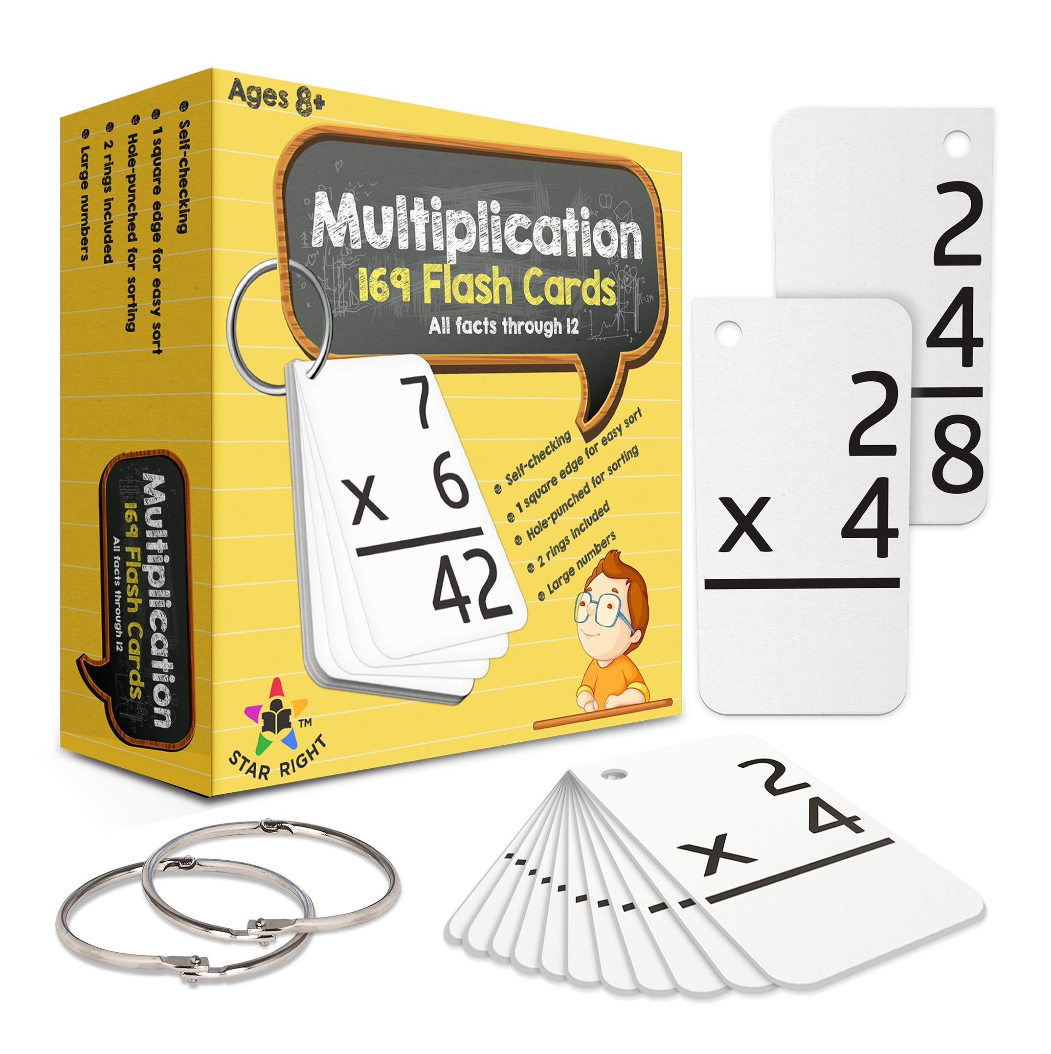 Star Right Math Flash Cards - Multiplication Flash Cards - 169 Hole Punched Math Game Flash Cards - 2 Binder Rings - Multiplication Flashcards, Multiplication Cards, Times Table Flash Cards - Ages 8+