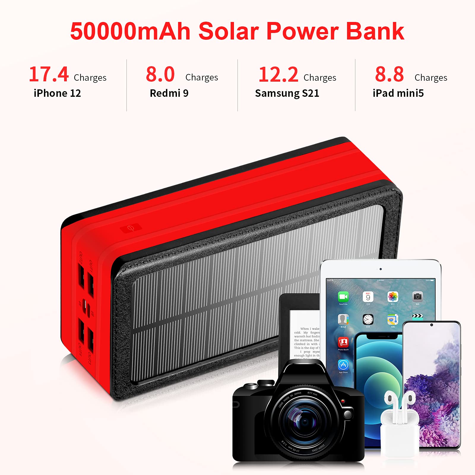 Solar Power Bank 50000mAh, Portable Solar Phone Charger with Flashlight, 4 Output Ports, 2 Input Ports, Solar Battery Bank Compatible with iPhone for Camping, Hiking, Trips