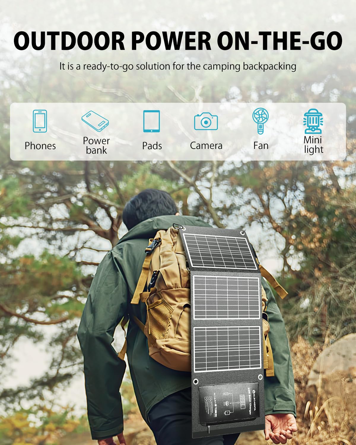 ELECAENTA 22W Solar Charger with 2 USB Ports, 24% High Efficiency, IP54 Waterproof, Foldable & Portable ETFE Solar Panel Charger for iPhone, iPad, Samsung, LG and Outdoor Camping Backpacking