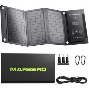 marbero solar panel 21w foldable solar panel for portable power station solar generator, iphone, ipad, laptop, qc3.0 usb ports & dc output(3 interchangeable adapters) for outdoor camping van rv trip