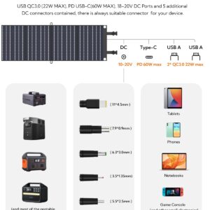 Foldable Solar Panel, LUMOPAL 60W Portable Folding Solar Charger Kit with USB-C PD60W 5V USB-A QC3.0 DC18-20V Ports,IP65 Waterproof for RVCamping Backpacking Compatible with Phone Tablet Power Station