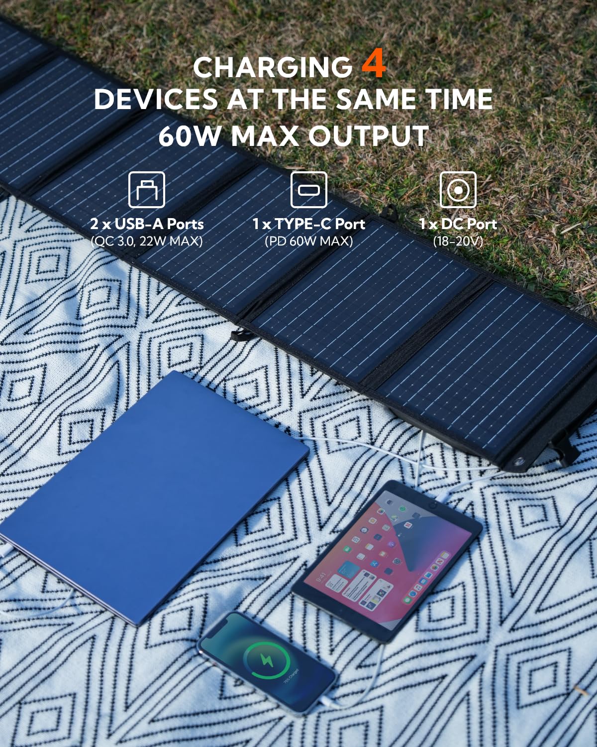 Foldable Solar Panel, LUMOPAL 60W Portable Folding Solar Charger Kit with USB-C PD60W 5V USB-A QC3.0 DC18-20V Ports,IP65 Waterproof for RVCamping Backpacking Compatible with Phone Tablet Power Station