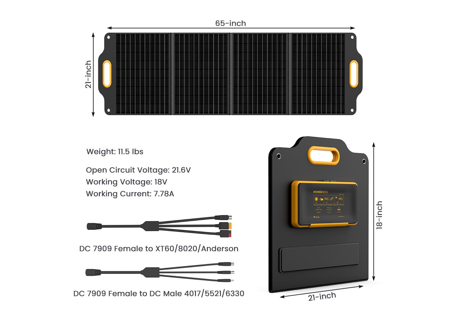 Powerness 120 Watt 18V Portable Solar Panel with 16.4 Feet/5 Meters DC Extension Cable