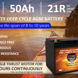 VMAX MR86-50 12V 50AH AGM Deep Cycle Battery (7.8"Lx6.6"Wx6.7"H) compatible with MotorGuide Bulldog 40 Freshwater TM Foot Control 12V, 40lb Trolling Motor