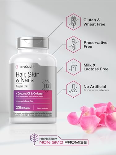 Horbäach Hair Skin and Nails Vitamins | 300 Softgels | with Biotin and Collagen | Infused with Argan Oil and Coconut Oil | Non-GMO, Gluten Free Supplement