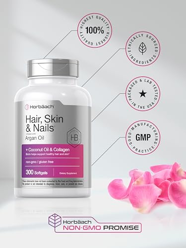 Horbäach Hair Skin and Nails Vitamins | 300 Softgels | with Biotin and Collagen | Infused with Argan Oil and Coconut Oil | Non-GMO, Gluten Free Supplement