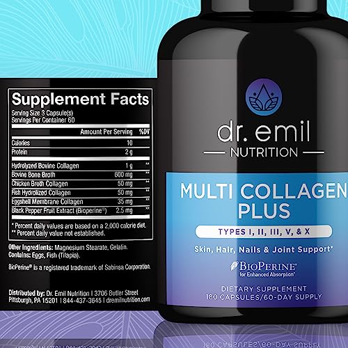 DR. EMIL NUTRITION Multi Collagen Pills - 180 Capsules - Collagen Supplements to Support Hair, Skin, Nails, & Joints - Hydrolyzed Collagen Supplements for Women with Types I, II, III, V & X