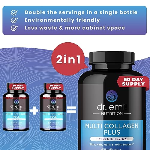 DR. EMIL NUTRITION Multi Collagen Pills - 180 Capsules - Collagen Supplements to Support Hair, Skin, Nails, & Joints - Hydrolyzed Collagen Supplements for Women with Types I, II, III, V & X