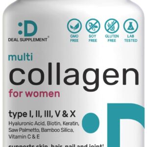 Multi-Collagen 1000mg Bamboo Silica 50mg Hyaluronic Acid 50mg Saw Palmetto 100mg Hydrolyzed Keratin 100mg & Vitamin C & E with Biotin 5000mcg - 11 in 1 Formula for Hair, Skin, Nail & Joint Health