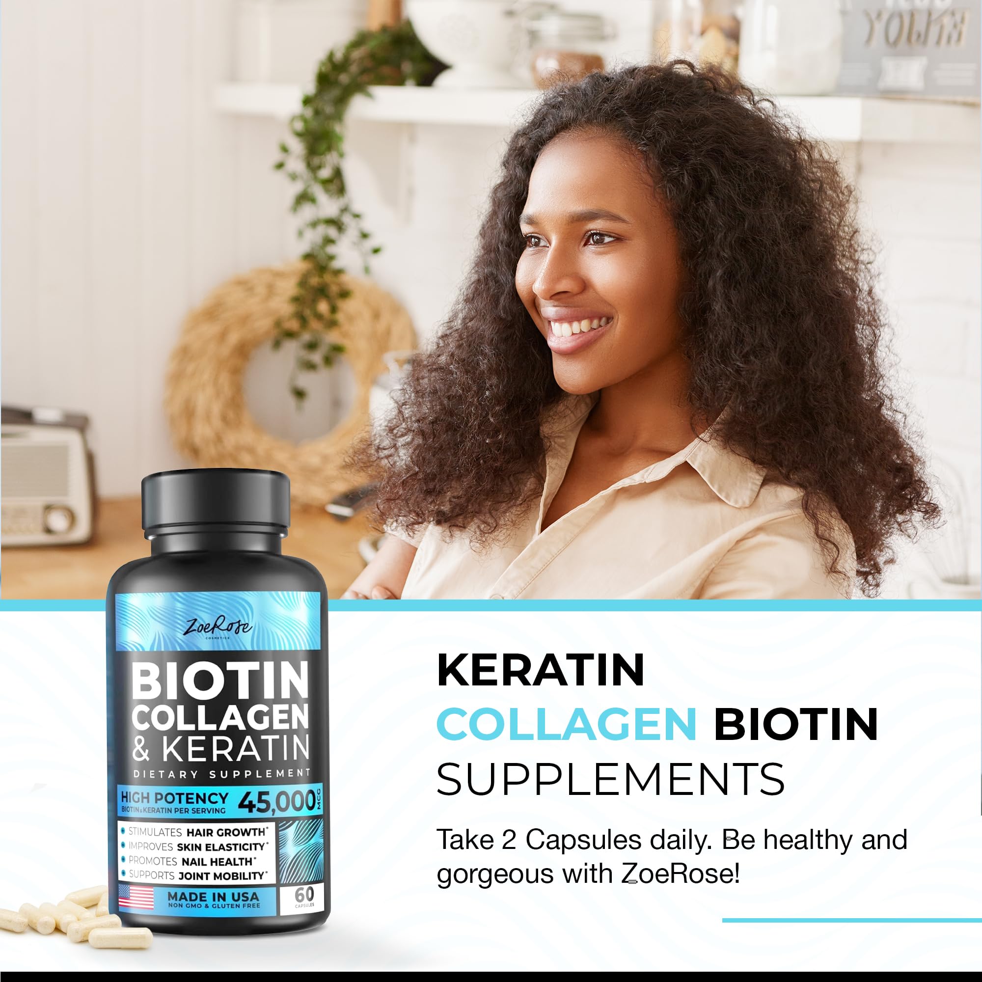 ZoeRose Biotin Collagen & Keratin Capsules - Hair, Skin and Nails Vitamins, Collagen Supplements for Hair Growth and Support Joints Mobility with Vitamin A,D, B6 and B12 - Made in USA - 60 Capsules