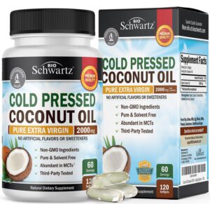 coconut oil capsules 2000mg - organic pure extra virgin unrefined cold pressed mct rich & non-gmo for healthy skin nails hair growth support bloating anti aging digestion - 120ct (2 month supply)