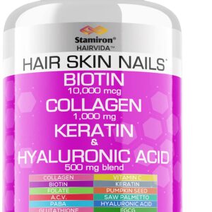 Stamiron Hair Skin and Nails Vitamins for Women with Biotin 10000mcg Collagen 1000mg Supplements Plus Keratin Hyaluronic Acid Saw Palmetto Bamboo Vitamin B & C for Hair Nail & Skin