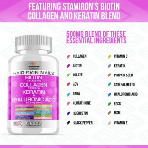 Stamiron Hair Skin and Nails Vitamins for Women with Biotin 10000mcg Collagen 1000mg Supplements Plus Keratin Hyaluronic Acid Saw Palmetto Bamboo Vitamin B & C for Hair Nail & Skin