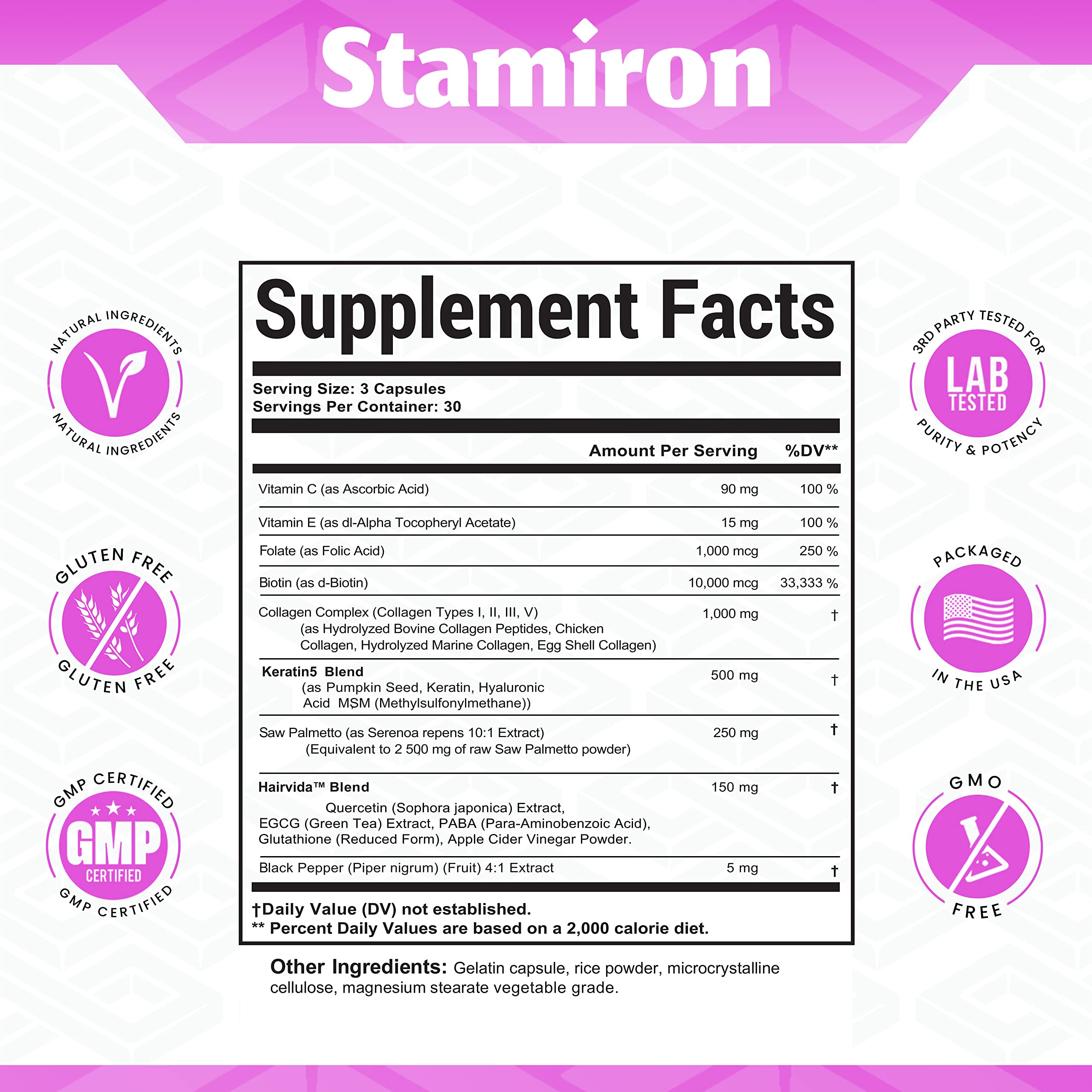 Stamiron Hair Skin and Nails Vitamins for Women with Biotin 10000mcg Collagen 1000mg Supplements Plus Keratin Hyaluronic Acid Saw Palmetto Bamboo Vitamin B & C for Hair Nail & Skin