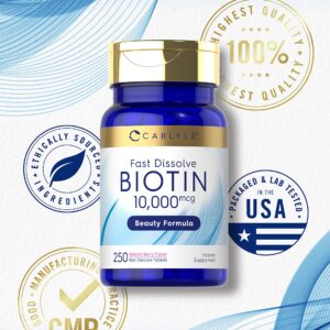 Carlyle Biotin 10000mcg | 250 Fast Dissolve Tablets | Max Strength | Vegetarian, Non-GMO, Gluten Free Supplement