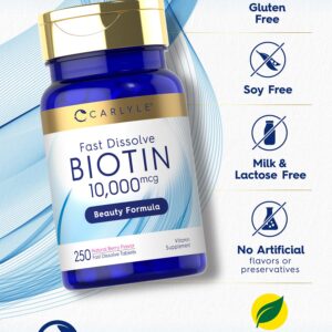 Carlyle Biotin 10000mcg | 250 Fast Dissolve Tablets | Max Strength | Vegetarian, Non-GMO, Gluten Free Supplement