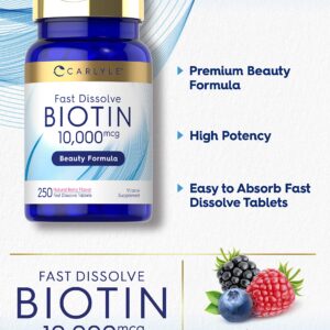 Carlyle Biotin 10000mcg | 250 Fast Dissolve Tablets | Max Strength | Vegetarian, Non-GMO, Gluten Free Supplement