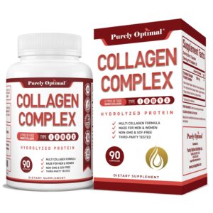 Purely Optimal Premium Multi Collagen Peptides Capsules (Types I, II, III, V, X) - Hair, Skin and Nails, Digestive & Joint Health Supplement, Hydrolyzed Collagen Pills (90 Capsules)