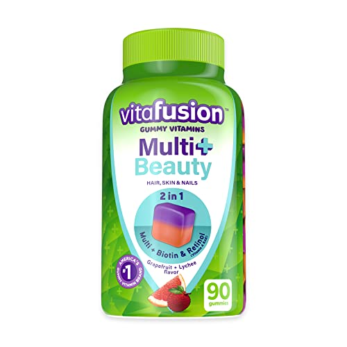 Vitafusion Multivitamin Plus Beauty – 2-in-1 Benefits – Adult Gummy with Hair, Skin & Nails Support (Biotin & Retinol – Vitamin A RAE) Daily, 90 Count