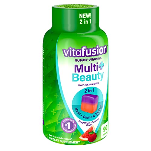 Vitafusion Multivitamin Plus Beauty – 2-in-1 Benefits – Adult Gummy with Hair, Skin & Nails Support (Biotin & Retinol – Vitamin A RAE) Daily, 90 Count