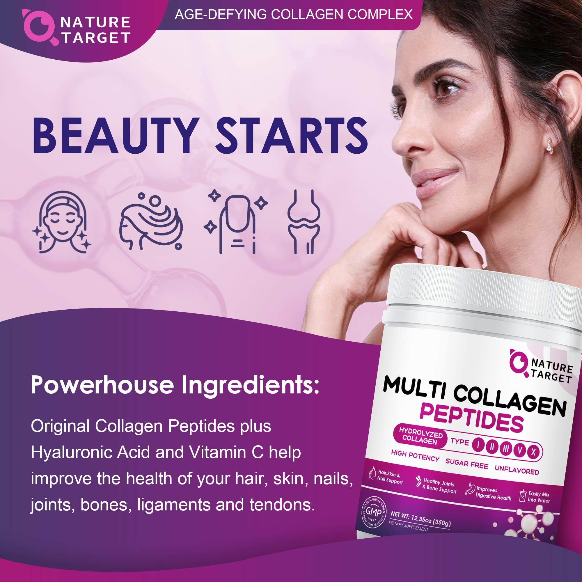 NATURE TARGET Multi Collagen Peptides Powder - Type I, II, III, V, X - Hydrolyzed Collagen Peptides with Vitamin C Hyaluronic Acid, Supports Skin Hair Nail & Joint, Grass-Fed, Non-GMO, 35 Servings