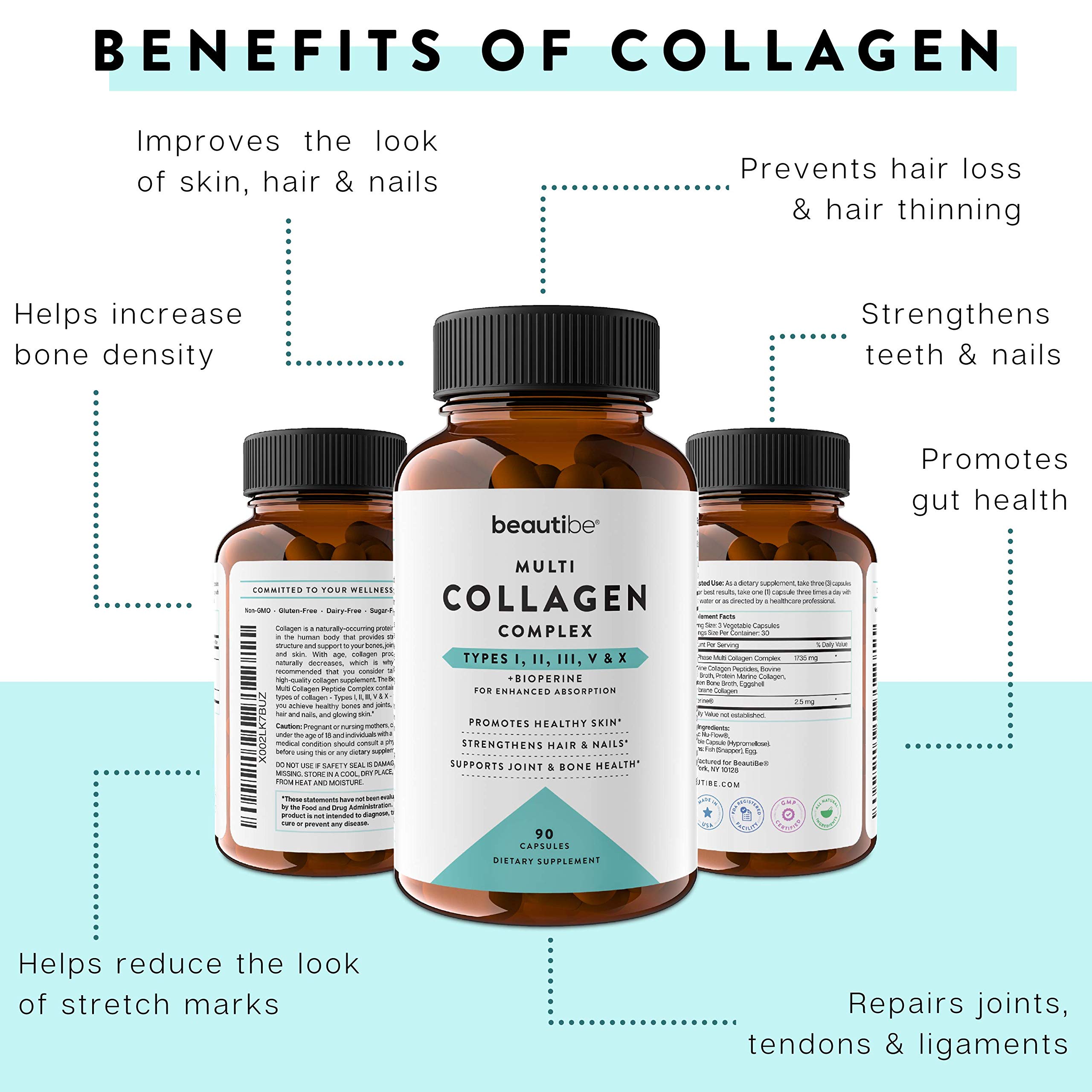 Collagen Pills for Women & Men (Types I, II, III, V & X) - Hydrolyzed Multi Collagen Pills - Collagen Peptides Capsules for Hair, Skin, Nails, Joints & Bones - Bioactive Complex Supplement - BeautiBe