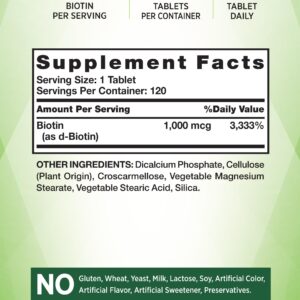 Biotin 1000mcg | 120 Tablets | Hair Skin and Nails Pills | Vegetarian, Non-GMO, Gluten Free Supplement | by Nature's Truth