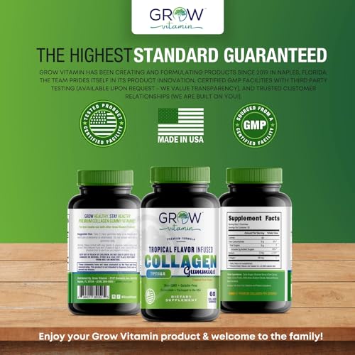 grow vitamin Multi Collagen Capsules 1800MG (Types I, II, III, V & X) - Non GMO, Grass Fed Collagen - Anti Aging Support for Hair, Skin, Nails - Protein Pills for Joint Support - 90 Capsules