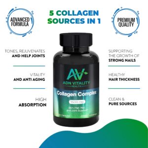 Adn Vitality Multi Collagen Complex (Type I, II, III, V, and X) - Collagen Peptides Pills to Support Joints, Skin, Hair, and Nails - 90 Capsules